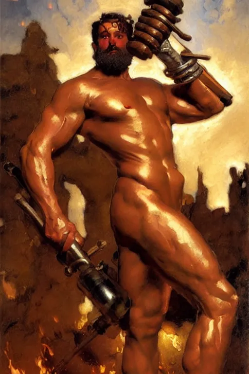 Image similar to muscular hephaestus working at his forge painting by gaston bussiere, craig mullins, j. c. leyendecker, tom of finland