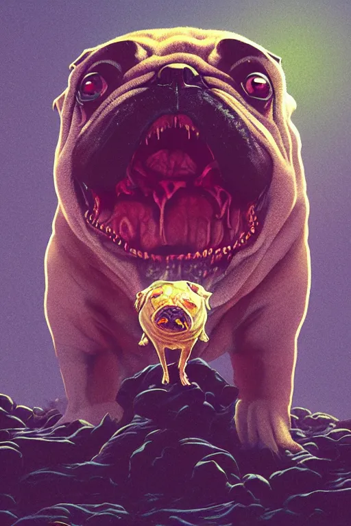 Image similar to demon pug eating flesh. art by mike winkelmann, sticker, illustration, highly detailed,