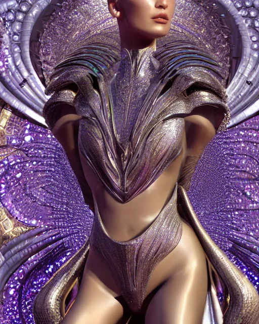 Prompt: a highly detailed metahuman 4 k close up render of an alien goddess bella hadid as alien in iris van herpen dress schiaparelli in diamonds crystals swarovski and jewelry iridescent in style of alphonse mucha gustav klimt trending on artstation made in unreal engine 4