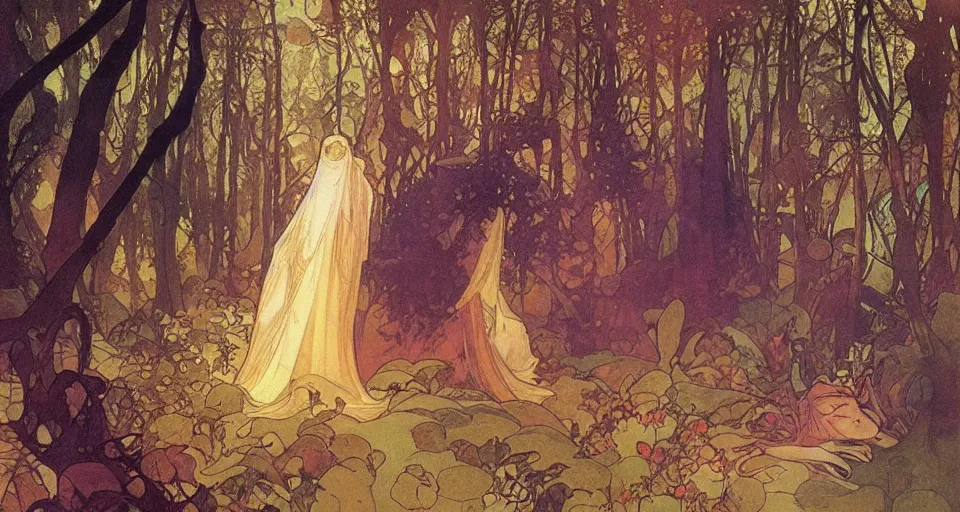 Image similar to Enchanted and magic forest, by Alfons Maria Mucha