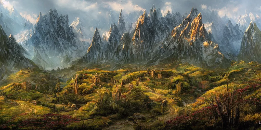 Prompt: a beautiful middle earth landscape by barbara remington