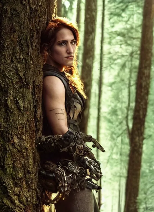 Image similar to Beautiful , Looks like amy jo johnson, In the woods, Dramatic, Edge, Good, Infused, Backlight, De-Noise, VFX, insanely detailed and intricate, hypermaximalist, elegant, ornate, hyper realistic, super detailed