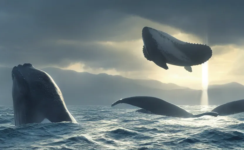 Prompt: whales breaching, directed by charlie kaufman ( 2 0 0 1 ) anamorphic lenses, a rocky shore in the foreground, foggy volumetric light morning, a beam of light from the heavens, cinematic trending on artstation in the style of greg rutkowski