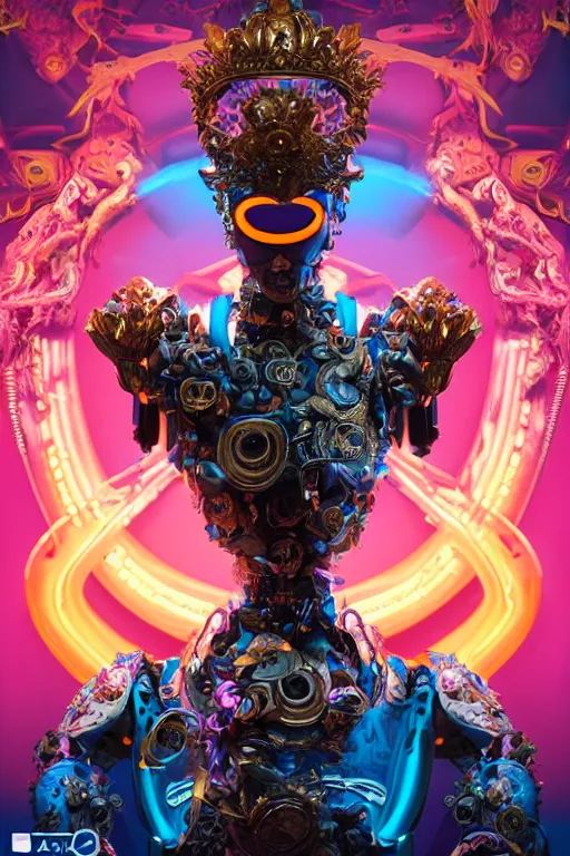 Image similar to full-body rococo and cyberpunk style sculpture of a young handsome Spanish prince half android with a chest exposing a glowing orange gem, glowing pink laser eyes, crown of blue gears and giant diamonds, swirling salmon-colored silk fabric, robotic raptors dinosaurs. baroque elements. full-length view. intricate artwork by caravaggio. Trending on artstation, octane render, cinematic lighting from the right, hyper realism, octane render, 8k, depth of field, 3D