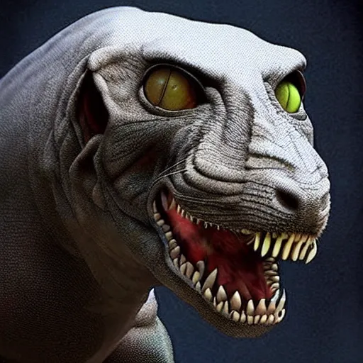 Image similar to t - rex cat hybrid animal, sci - fi, cinematic, realistic