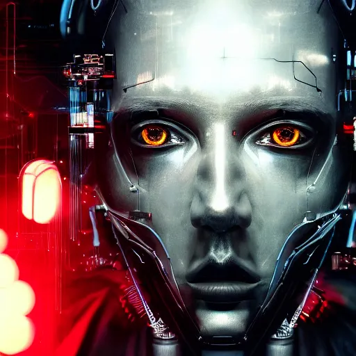 Image similar to a cyborg, cyberpunk, surrounded by smoke, award-winning art, black on red, highly creative, hyperrealistic, highly-detailed, by Sam Spratt, by Vlad Rodrig﻿u﻿e﻿z, computer screens in the background, trending on Artstation, dark, dramatic, cinematic, realistic studio lighting, realistic reflections, 4k, professional, canon