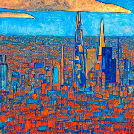 Image similar to futurist san francisco skyline in the style of egon schiele