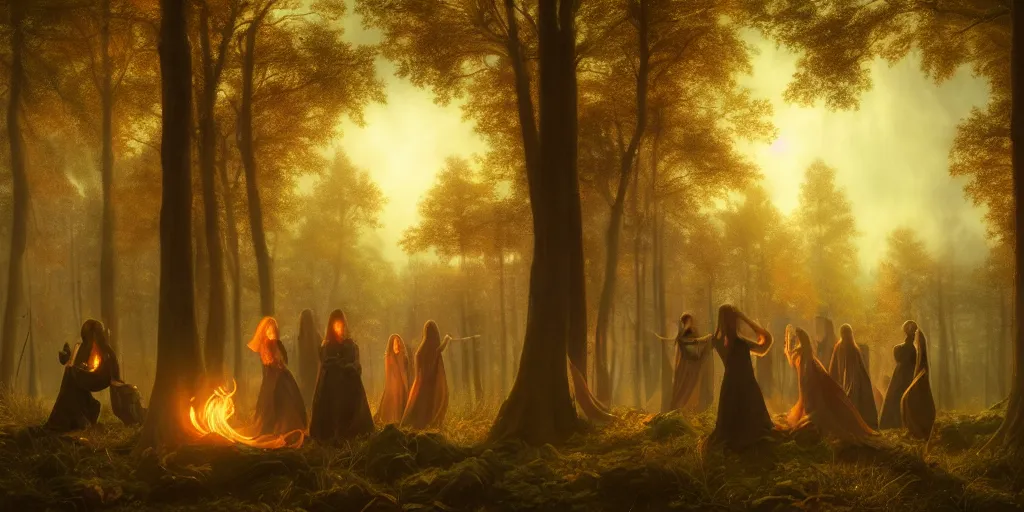 Image similar to masterpiece ephemeral demons, vampires and witches dancing in the woods at dusk, edmund leighton, majestic, volumetric lighting, photorealistic, intricate, trending on artstation 8 k