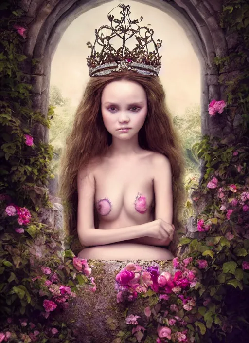 Prompt: closeup face profile portrait of a fairytale princess wearing a crown eating cakes in the castle, bikini, depth of field, zeiss lens, detailed, symmetrical, centered, fashion photoshoot, by nicoletta ceccoli, mark ryden, lostfish, breathtaking, 8 k resolution, extremely detailed, beautiful, establishing shot, artistic, hyperrealistic, octane render