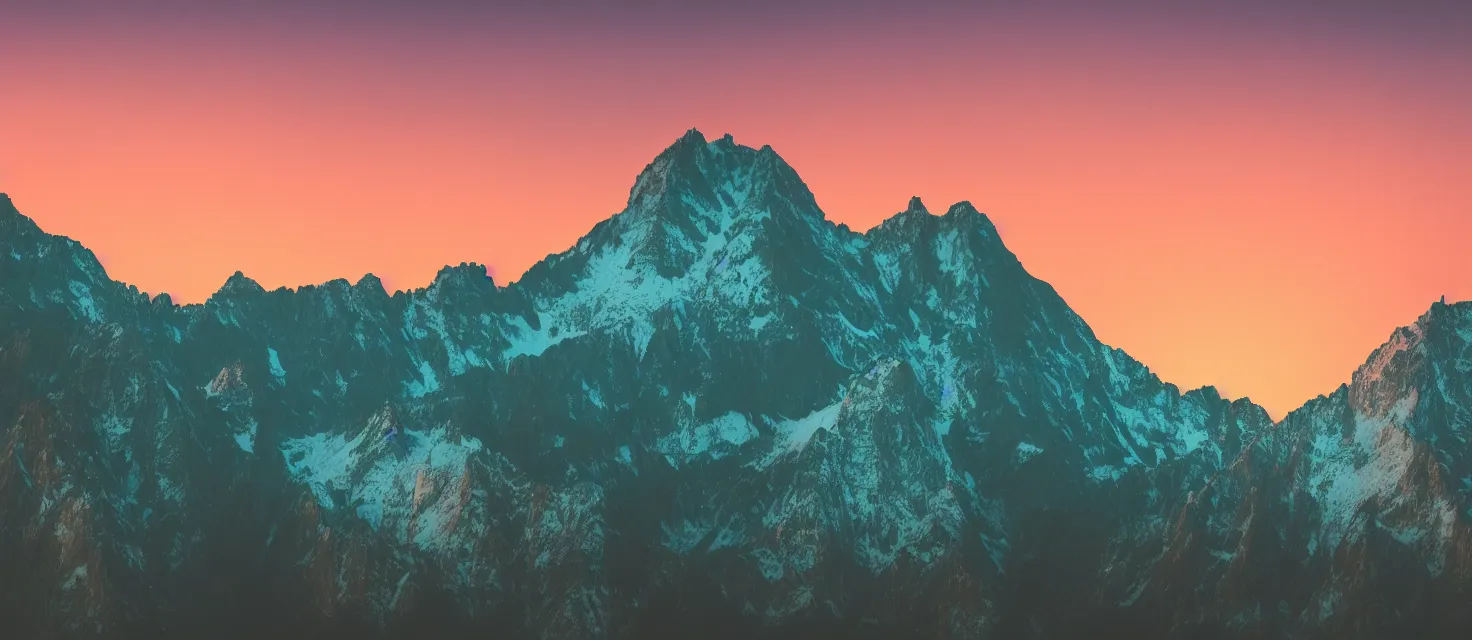 Image similar to beautiful mountain landscape, vaporwave, sunset, professional photography