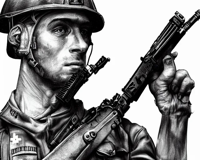 Image similar to A soldier with a hateful face holding a machine gun, world war 1, close-up, realistic face, beautiful face detail, mature facial features, black and white, amazing digital art, hyper detailed, artstation, in the style of Tony Sart