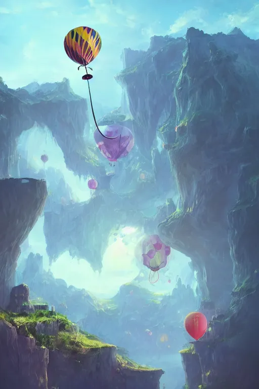 Image similar to a house floating with balloons, near the mountains and below is a deep canyon, dream core art, dynamic lighting, fantasy concept art, trending on art station, stunning visuals, creative, cinematic, ultra detailed