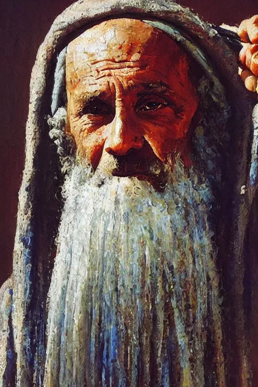 Image similar to highly detailed palette knife oil painting of a historically accurate depiction of the ancient biblical israeli man moses, thoughtful, by Peter Lindbergh, impressionistic brush strokes, painterly brushwork