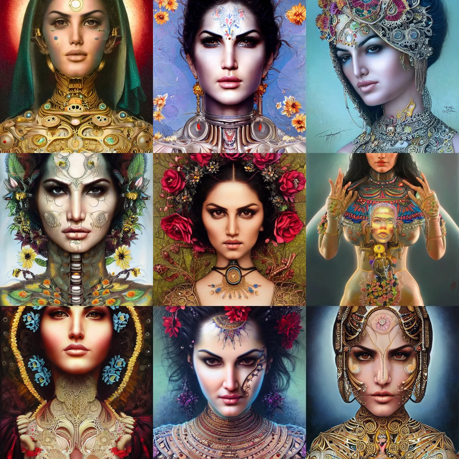 Prompt: sunny leone as humanoid robot, skin flower pattern, highly detailed, expressive eyes, beautiful symmetric body, perfect proportions, highly intricate, art by tom bagshaw and alex gray