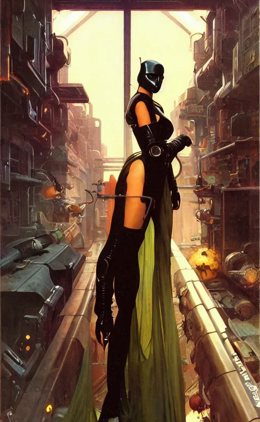 Prompt: pulp scifi fantasy illustrations of character concepts, cyber punk girl, burka, futuristic design, crafting, diy, by norman rockwell, roberto ferri, daniel gerhartz, edd cartier, jack kirby, howard brown, ruan jia, tom lovell, jacob collins, dean cornwell, astounding stories, amazing, fantasy, other worlds