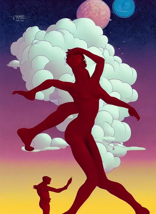 Image similar to poster artwork by michael whelan and tomer hanuka, a portrait of beautiful sensual dancing in the clouds of jupiter, clean