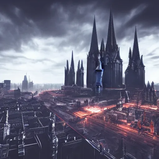 Image similar to octane render of a gothic city with an overcast sky, tall spires, steampunk, cyberpunk, high - definition, trending on artstation, alienating, imposing, imperious, malevolent, moody, landscape, distant, vast, cityscape, skyline, neon, glowing, flying vehicles, long shot, timelapse