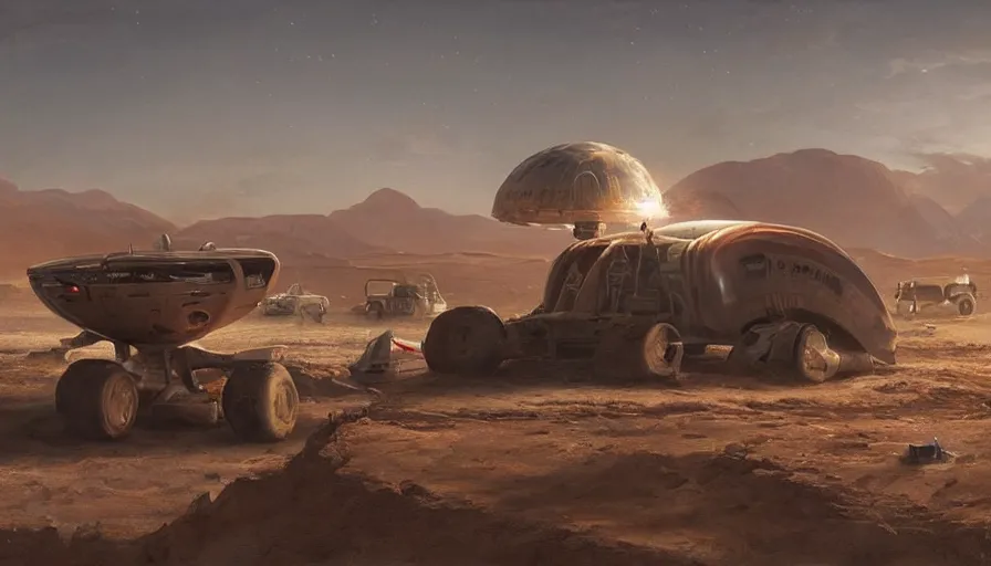 Prompt: a beautiful painting of an archaeological excavation of a ufo powered with flashing lights, in a desert, ray traced lighting by kalin popov and greg rutkowski