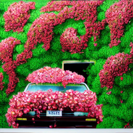 Prompt: a car being destroyed by flower covered vines, heonhwa choe, photorealistic