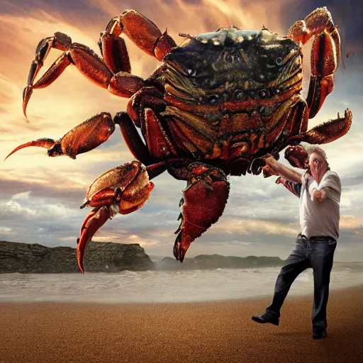 Image similar to stunning award winning hyperrealistic hdr 8 k highly detailed photo of garry busey fighting a giant humanoid crab