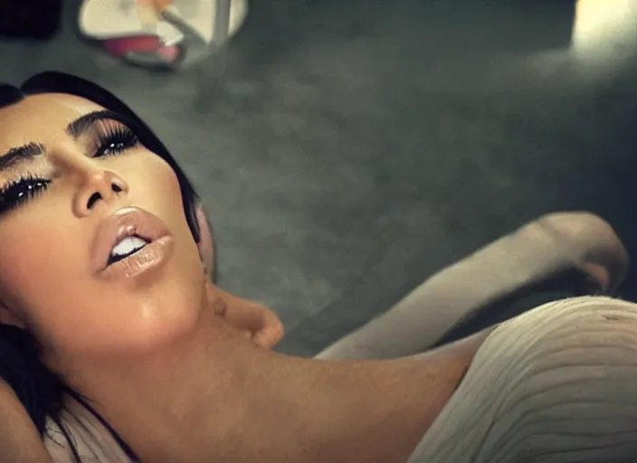 Image similar to photo still full pov of a kim kardashian slumped against a wall unconscious with a alien facehugger on her face, cinematic full shot.