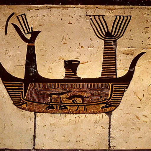 Prompt: a viking ship depicted in the hieroglyphs of Ramses 2 tomb, ancient Egypt, torches