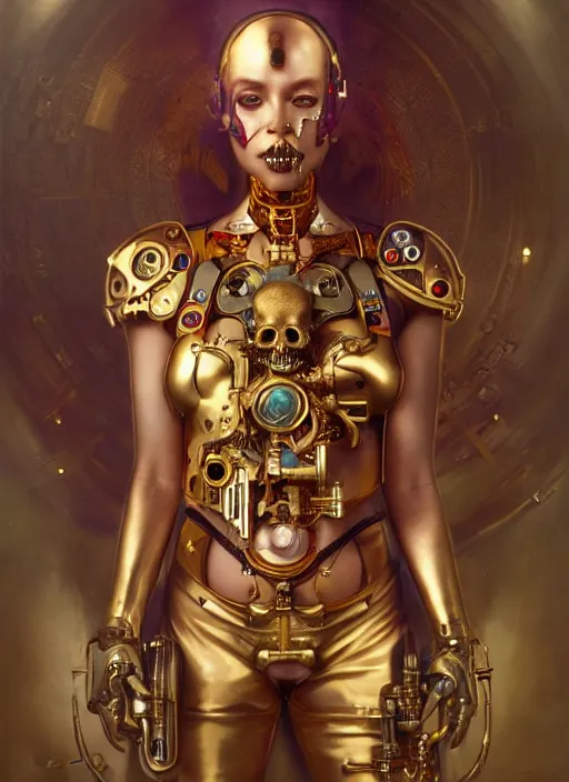 Prompt: hyper realistic girl cyborg with gold skull head hornment, magical, gems, jewels, gold, steampunk, cyberpunk utopia, painted by tom bagshaw, mucha, gaston bussiere, craig mullins, j. c. leyendecker 8 k