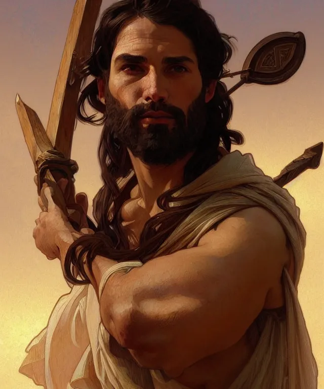 Image similar to portrait of biblical cain holding a spear, intricate, headshot, highly detailed, digital painting, artstation, concept art, sharp focus, cinematic lighting, illustration, art by artgerm and greg rutkowski, alphonse mucha, cgsociety