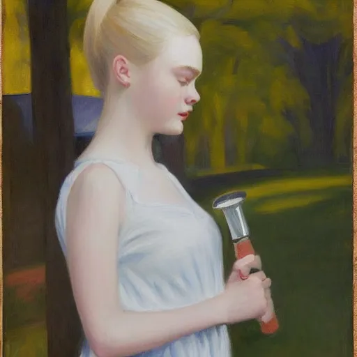 Prompt: Painting of Elle Fanning holding a torch in the rain, long blonde hair, delicate, pale milky white porcelain skin, by Edward Hopper. 8K. Extremely detailed.