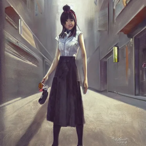 Image similar to a perfect, hyperrealistic professional oil painting of a Japanese schoolgirl posing in a dystopian alleyway, style of Marvel, full length, by a professional American senior artist on ArtStation, a high-quality hollywood-style concept