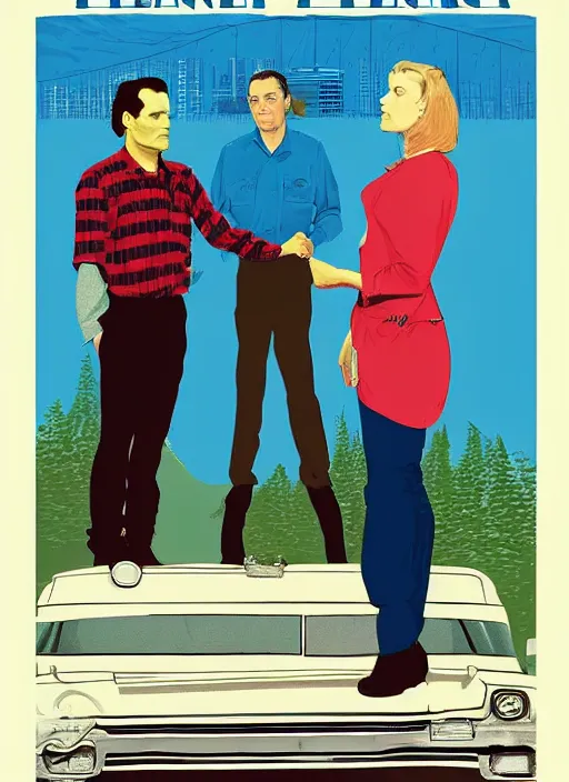 Prompt: Twin Peaks art, of Michael Shannon dressed as mechanic talking to Jennifer Connelly wearing light blue diner waitress dress, poster artwork by James Edmiston, from scene from Twin Peaks, simple illustration, domestic, nostalgic, from scene from Twin Peaks, clean, New Yorker magazine cover