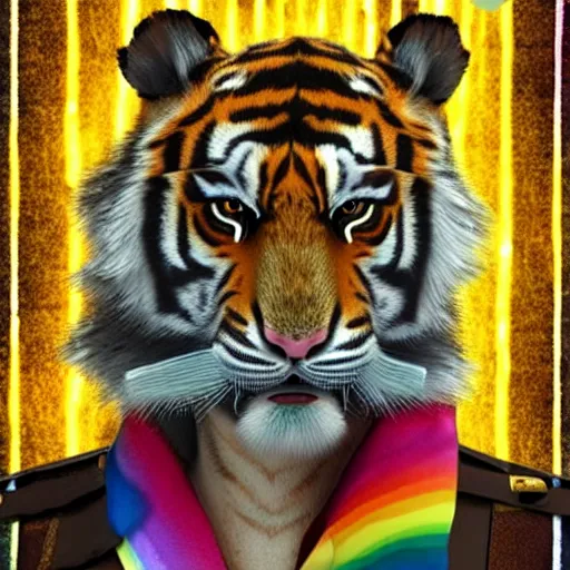 Image similar to Male masculin Furry Tiger as Police ,fullbody, Rainbow Background, 8k Photo Realistic