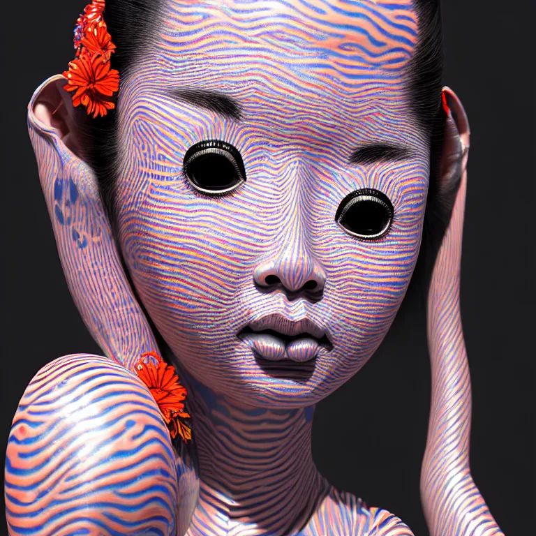 Image similar to hyperrealistic detailed image of a geisha in a art installation room, hd smooth interior by yayoi kusama, part by kei mieno, part by ross tran, dark art by james jean, ultra realistic, highly detailed, life like face, detailed body, 8 k, 3 d render by roger magrini, very cohesive, masterpiece