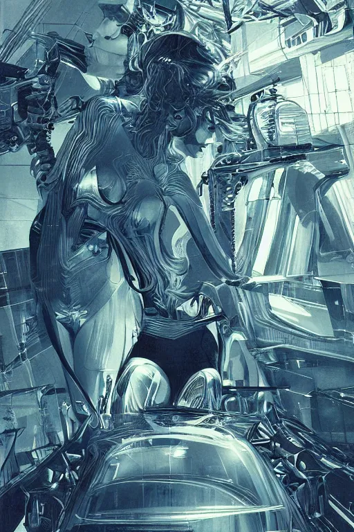 Image similar to the most amazing dream you ever had about a beautiful woman transhumanism, hyper realistic, concept art, intricate, hyper detailed, smooth, syd mead, high contrast, neon, volumetric lighting, octane, raytrace, jim lee, moebius