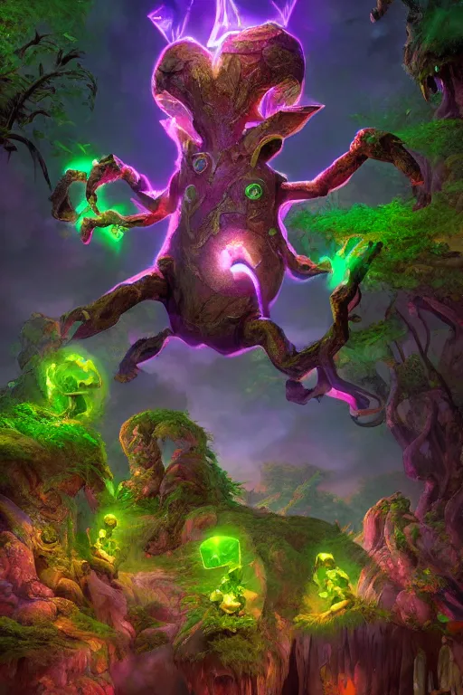 Image similar to arcane fantasy art giant golem elemental wood rock bastion forged gemstone enchanted forest troll, global illumination ray tracing hdr fanart arstation by sung choi and eric pfeiffer and gabriel garza and casper konefal lisa frank zbrush central hardmesh radiating a glowing aura