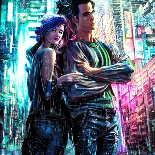 Image similar to An epic fantasy comic book style full body portrait painting of very beautiful cyberpunk hackers Matt Bomer and Emma Stone in the rain, neon reflections in the rain puddles, stunning 3d render inspired art by Tim Okamura and Lise Deharme + perfect facial symmetry + dim volumetric lighting, 8k octane beautifully detailed render, post-processing, extremely hyperdetailed, intricate, epic composition, grim yet sparkling atmosphere, cinematic lighting + masterpiece, trending on artstation, very very detailed, masterpiece, stunning