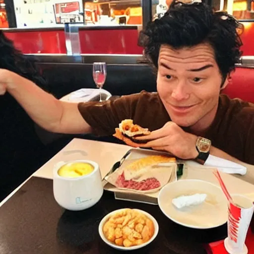 Prompt: a famous hollywood personality, eating wagyu steak at a macdonalds restaurant