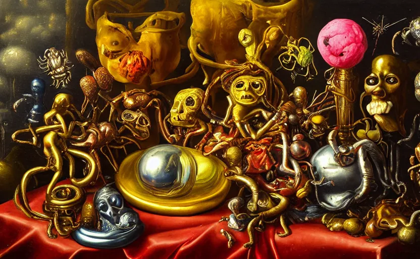 Prompt: disturbing colorful oil painting dutch golden age vanitas still life with bizarre humanoid faces strange beautiful flowers complex metal objects shiny gooey surfaces shiny metal bizarre insects rachel ruysch dali todd schorr very detailed perfect composition rule of thirds masterpiece canon 5 0 mm, cinematic lighting, chiaroscuro