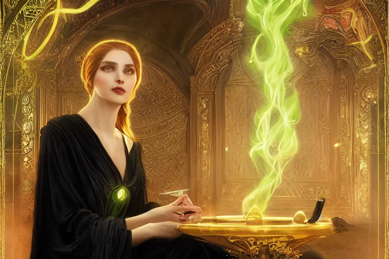 Image similar to a beautiful young sorceress wearing a black robe with gold embroidery, sitting at table, casting a spell, green glows, painted by artgerm and tom bagshaw and alphonse mucha, in the style of magic the gathering, highly detailed digital art