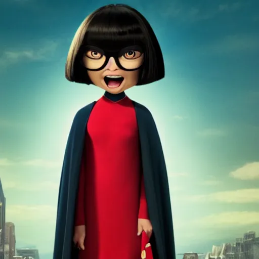 Prompt: a still of angry Edna Mode wearing a cape, Pixar (2018)