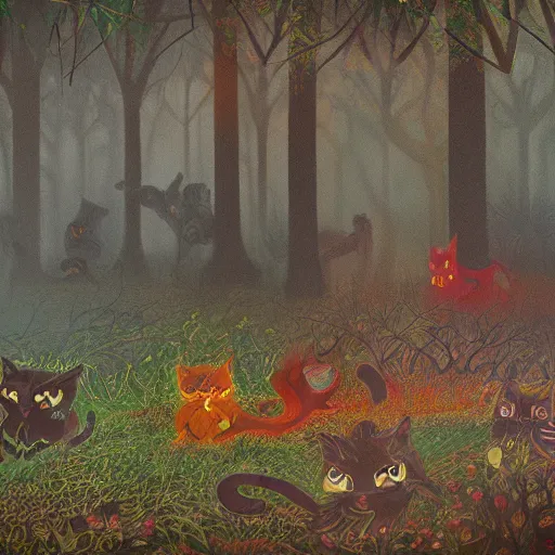 Prompt: A series of angry cats fighting with phoenix dogs in a murky forest with volumetric fog in the style of louis wain high detail trending on artstation octane render impasto