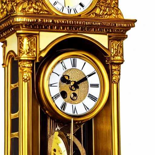 Prompt: photo of a grandfather clock with a gold-colored human face coming out of the front