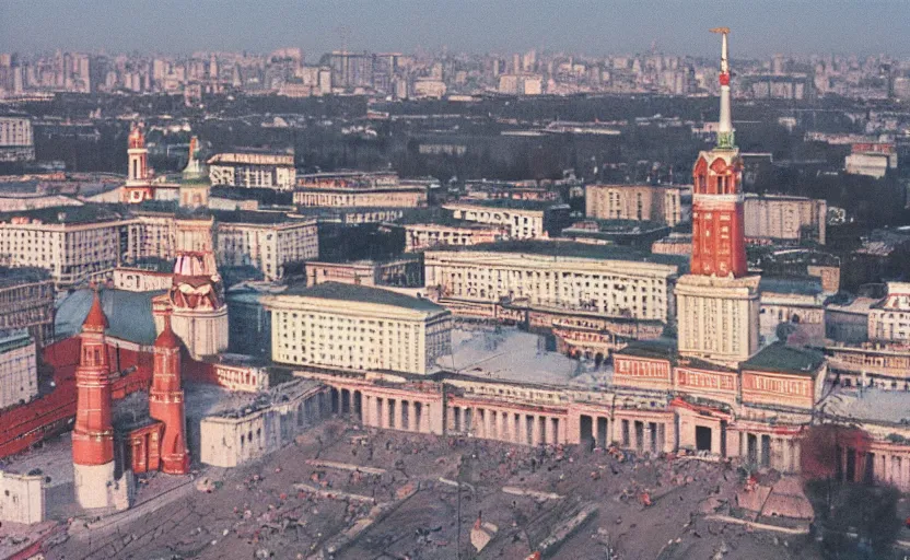 Prompt: high quality 2000s historic footage of soviet square with lenin statue with stanilist style high rise and pedestrians, color aerial photo drone, Cinestill 800t, heavy grainy picture, very detailed, high quality, 4k panoramic