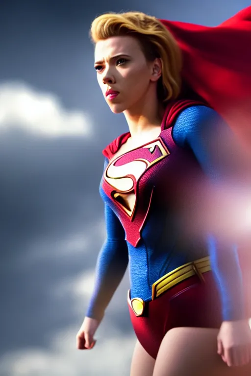 Image similar to 4 k film still, scarlett johansson as superman, 2 6 mm