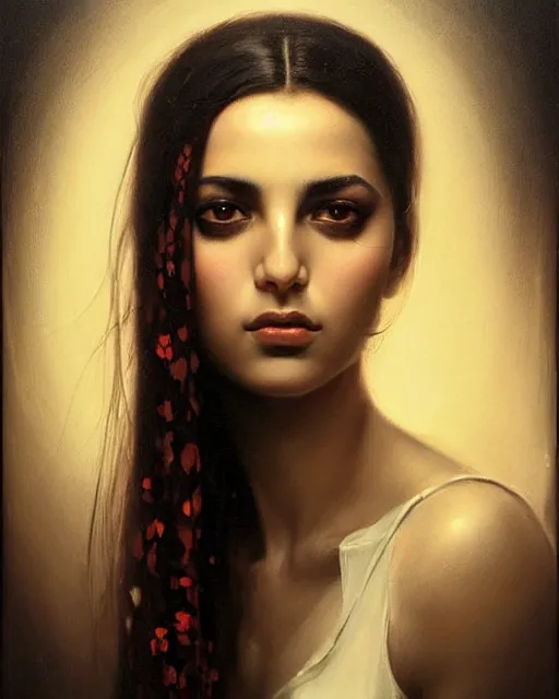 Image similar to a highly realistic, true to life portrait of a beautiful young middle eastern girl, sharp focus, from the waist up, under studio lighting, taken with a canon eos camera with 1 3 5 mm focal length, art by karol bak, james jean, tom bagshaw, trending on artstation,