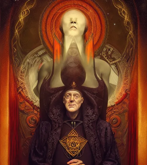 Image similar to A Magical Portrait of Aleister Crowley and the Great Mage of Thelema, art by Tom Bagshaw and Keith Parkinson and Daniel Dos Santos