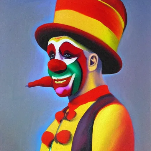 Prompt: A Clown at the circus Oil Painting by Mark Stratburg, Detailed