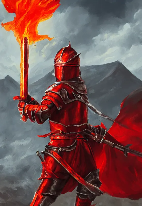 Image similar to a red knight with fire sword, volcano background, digital painting, highly detailed, intricate
