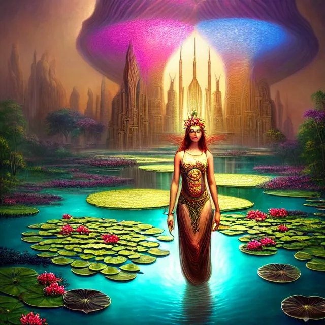 Image similar to Beautiful 3d render of the flower queen goddess near a pond full of lotus, atmospheric lighting, painted, intricate, volumetric lighting, beautiful, rich deep colours masterpiece, sharp focus, ultra detailed, in the art style of Dan Mumford and marc simonetti, with a clear crowded futuristic cyberpunk dubai city in the background, astrophotography