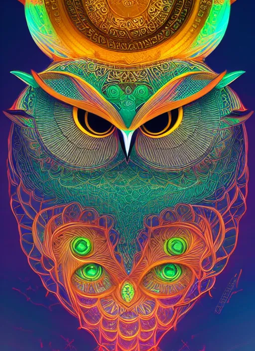 Image similar to symmetry!! product render poster vivid colors divine proportion owl, 神 圣, glowing fog intricate, elegant, highly detailed, digital painting, artstation, concept art, smooth, sharp focus, illustration,